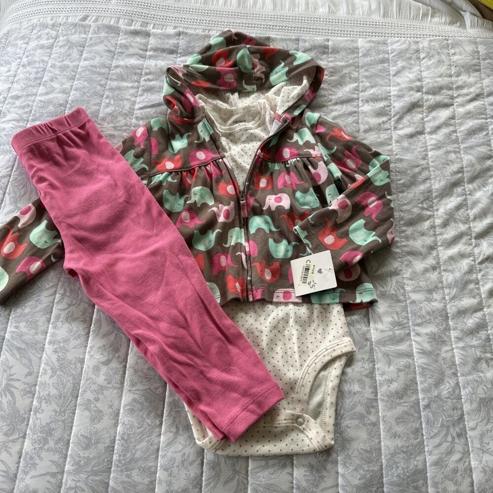 Carter’s NWT Outfit 24 Months 2T Girls Elephants Pink Dots 3 Pieces